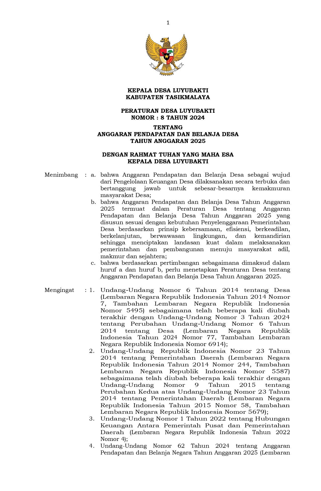 Peraturan Desa Tentang APBDes Tahun 2025